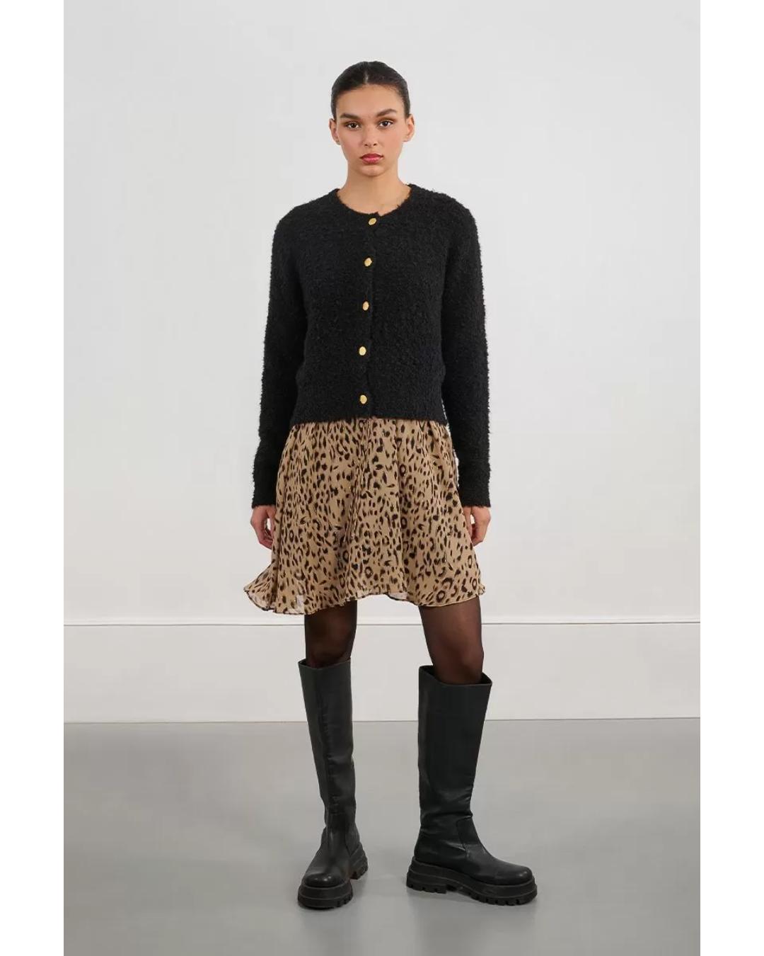 black cardigan with gold buttons