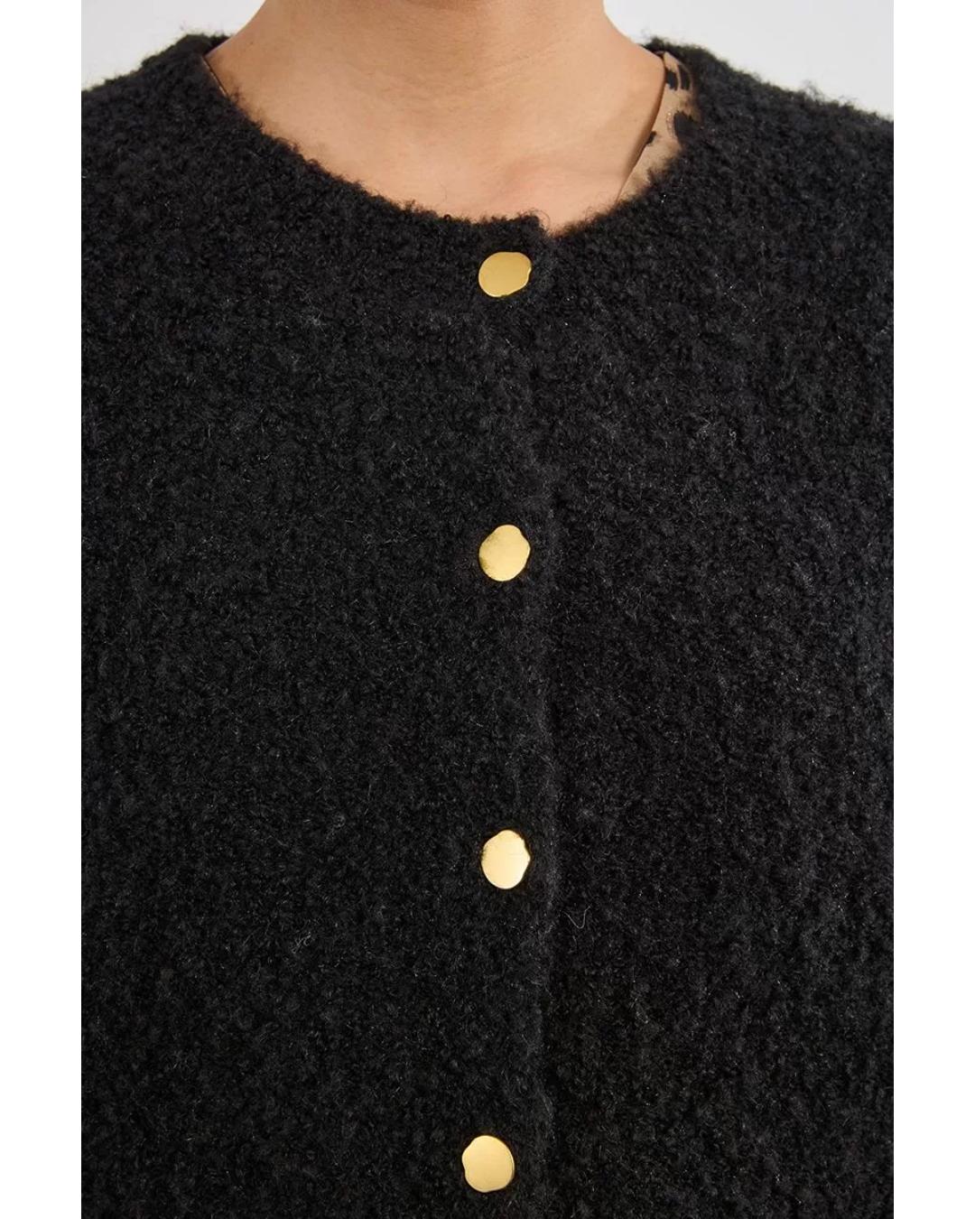 black cardigan with gold buttons