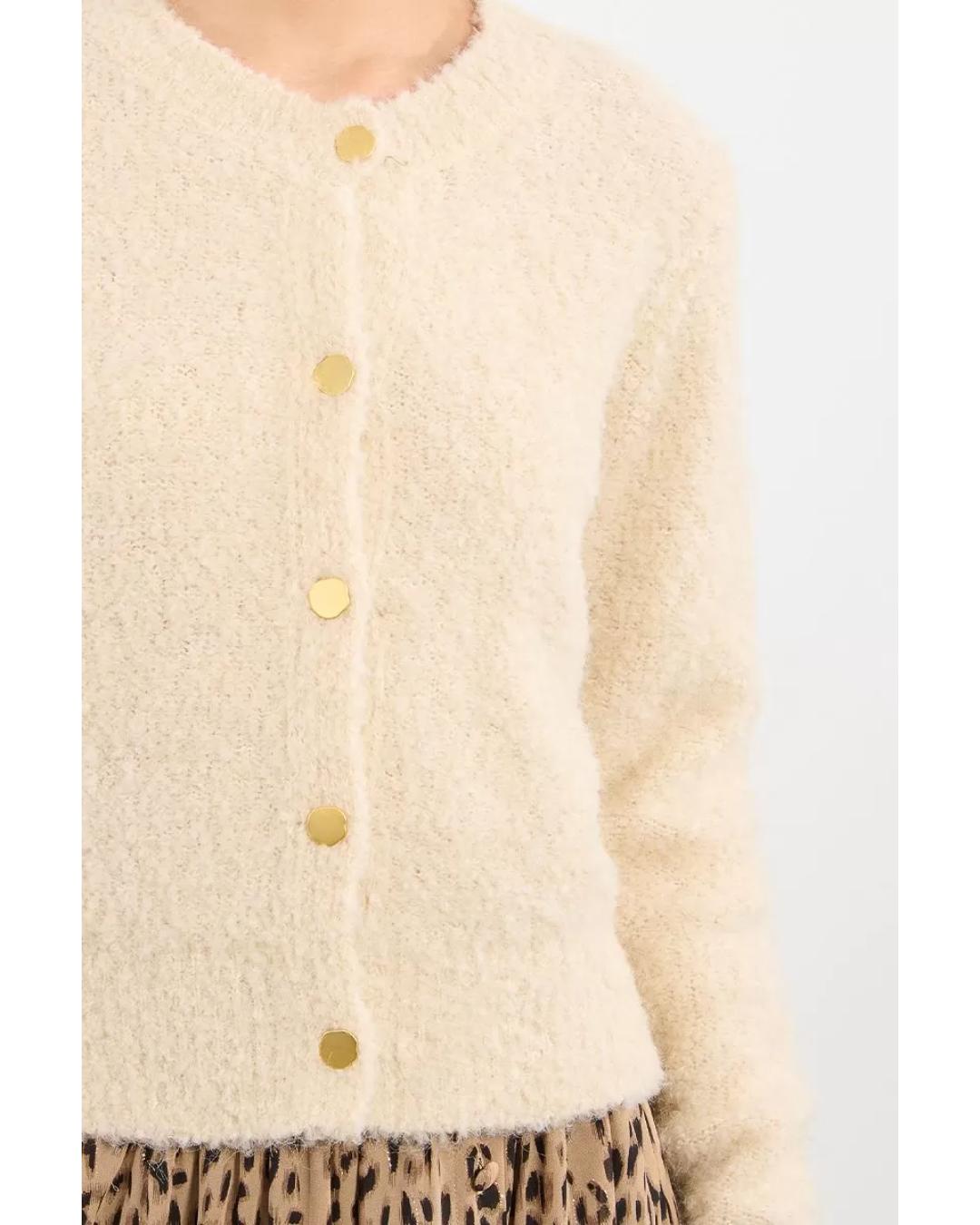 cream colored cardigan with gold buttons