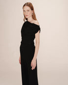 asymmetrical off the shoulder black top