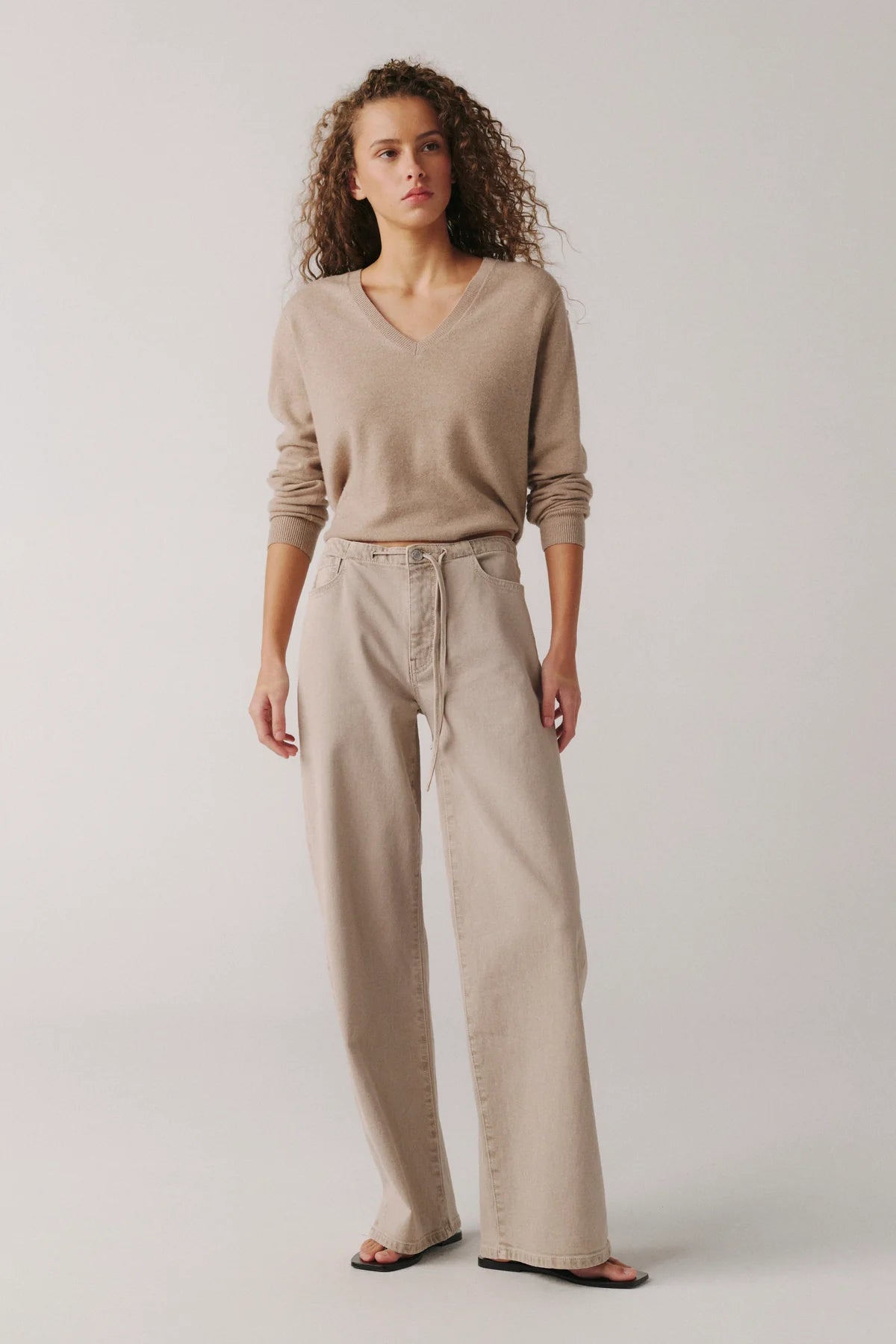 wide leg sand coloured denim with a drawstring waist