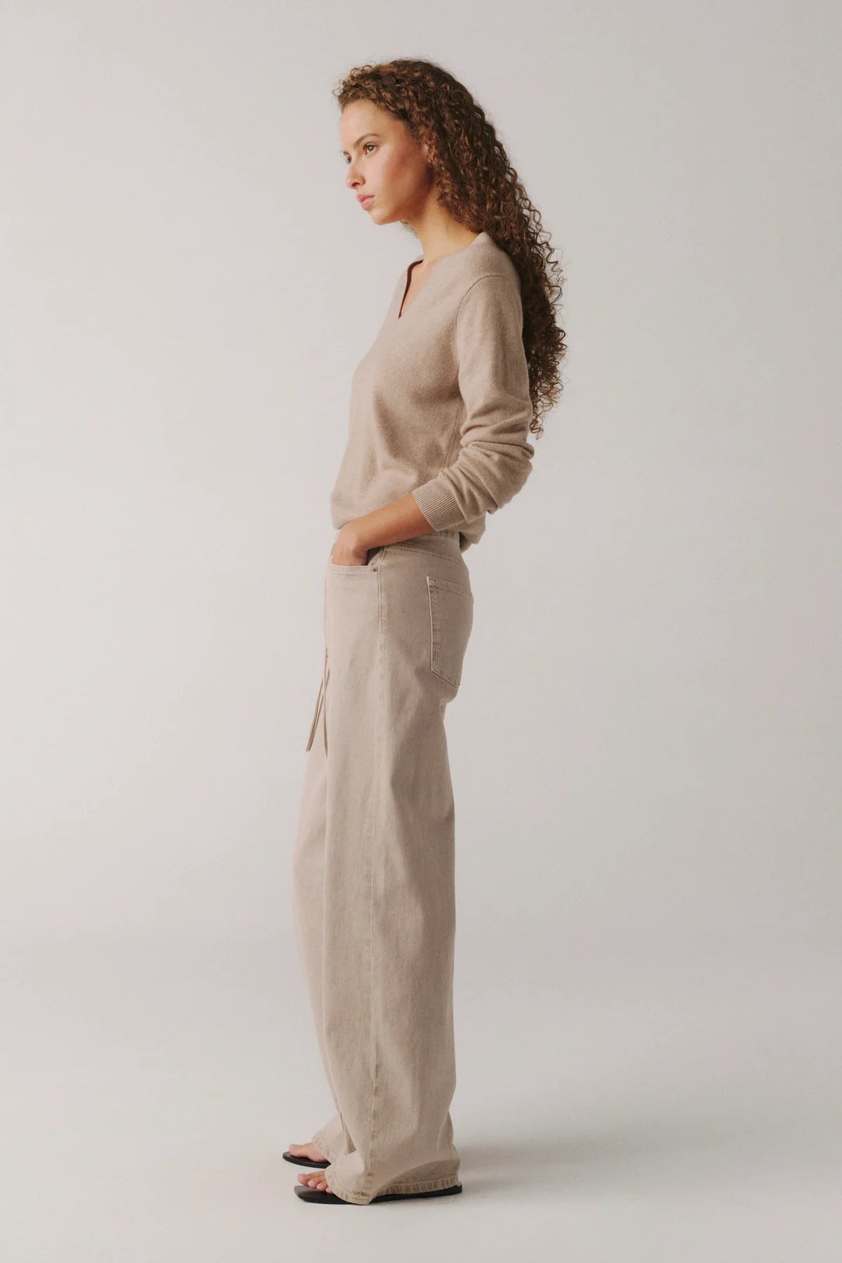 wide leg sand coloured denim with a drawstring waist