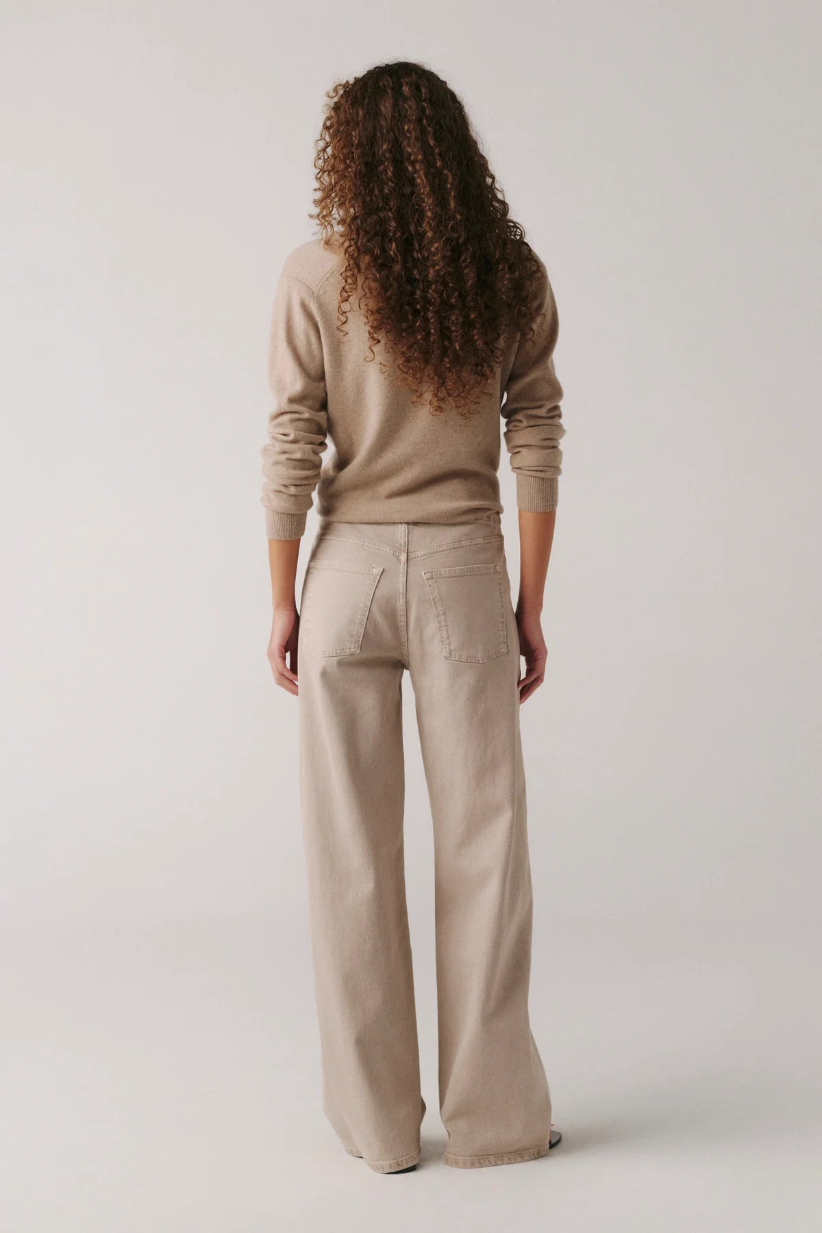 wide leg sand coloured denim with a drawstring waist