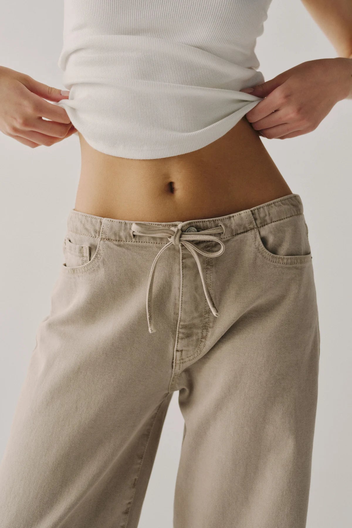 wide leg sand coloured denim with a drawstring waist