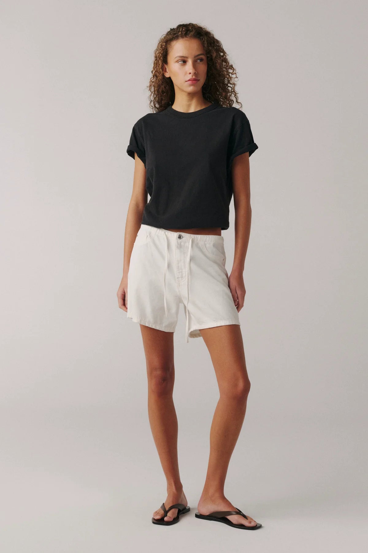 white jean short with a drawstring waist