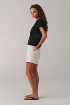 white jean short with a drawstring waist