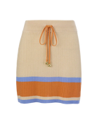 mini knit skirt in cream with blue and orange stripes at the bottom