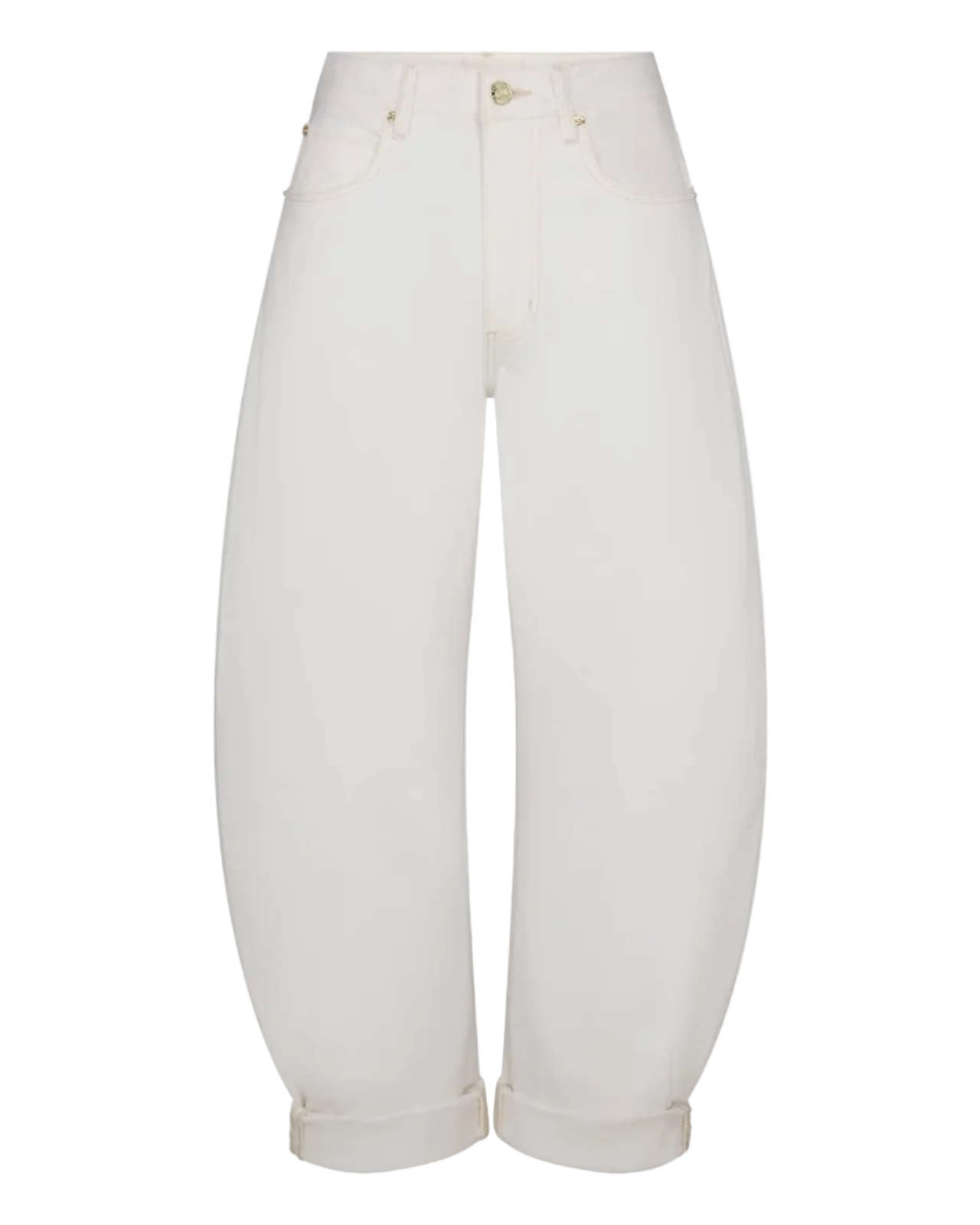 white denim pant with a bubble or curve leg