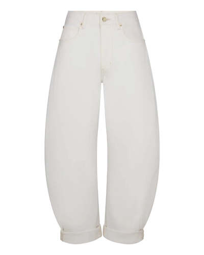 white denim pant with a bubble or curve leg