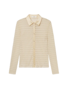 cream button up knit shirt with satin collar