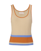 cream knit tank top with orange and blue stripes on the bottom 