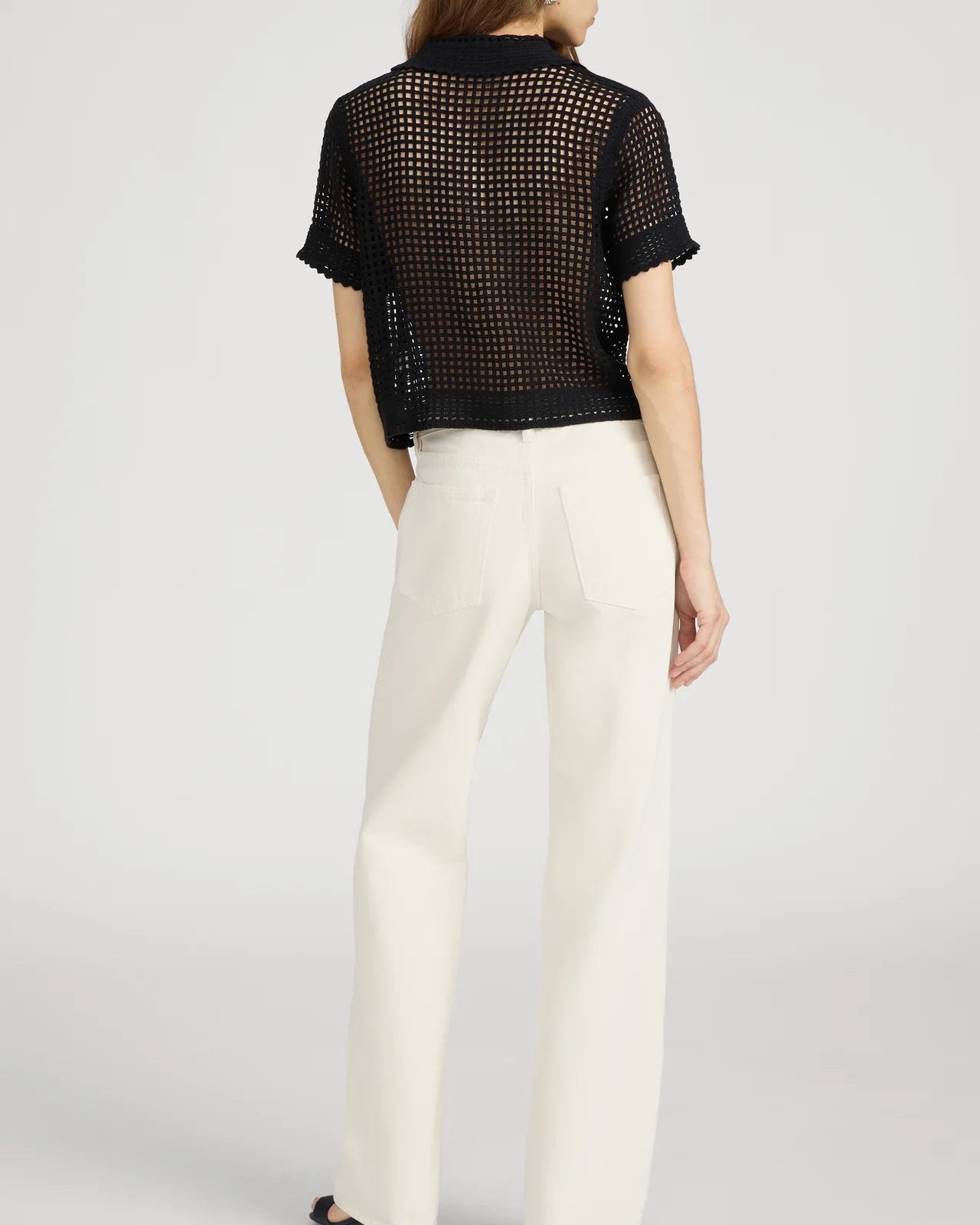 black crochet button up short sleeve with collar