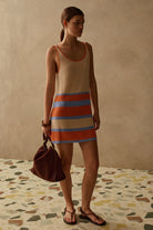 mini knit dress in cream with orange and blue stripes