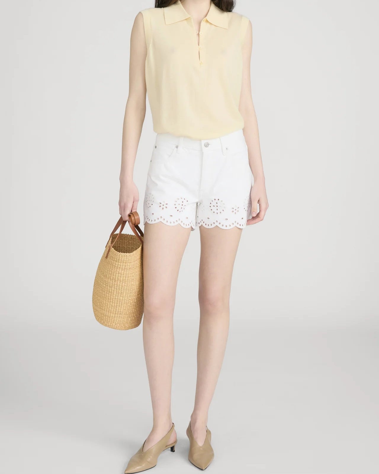 white shorts with eyelet detail on bottom