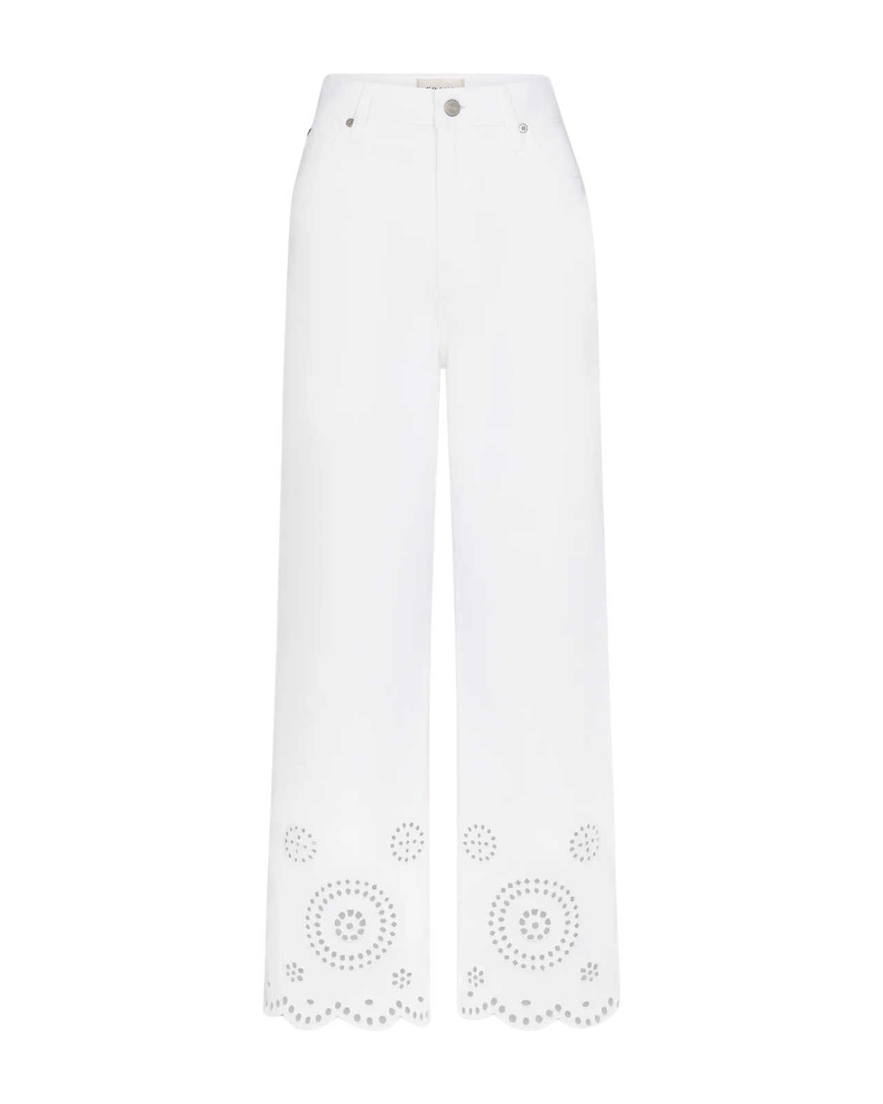 wide leg white denim pant with eyelet detail at the bottom