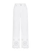 wide leg white denim pant with eyelet detail at the bottom