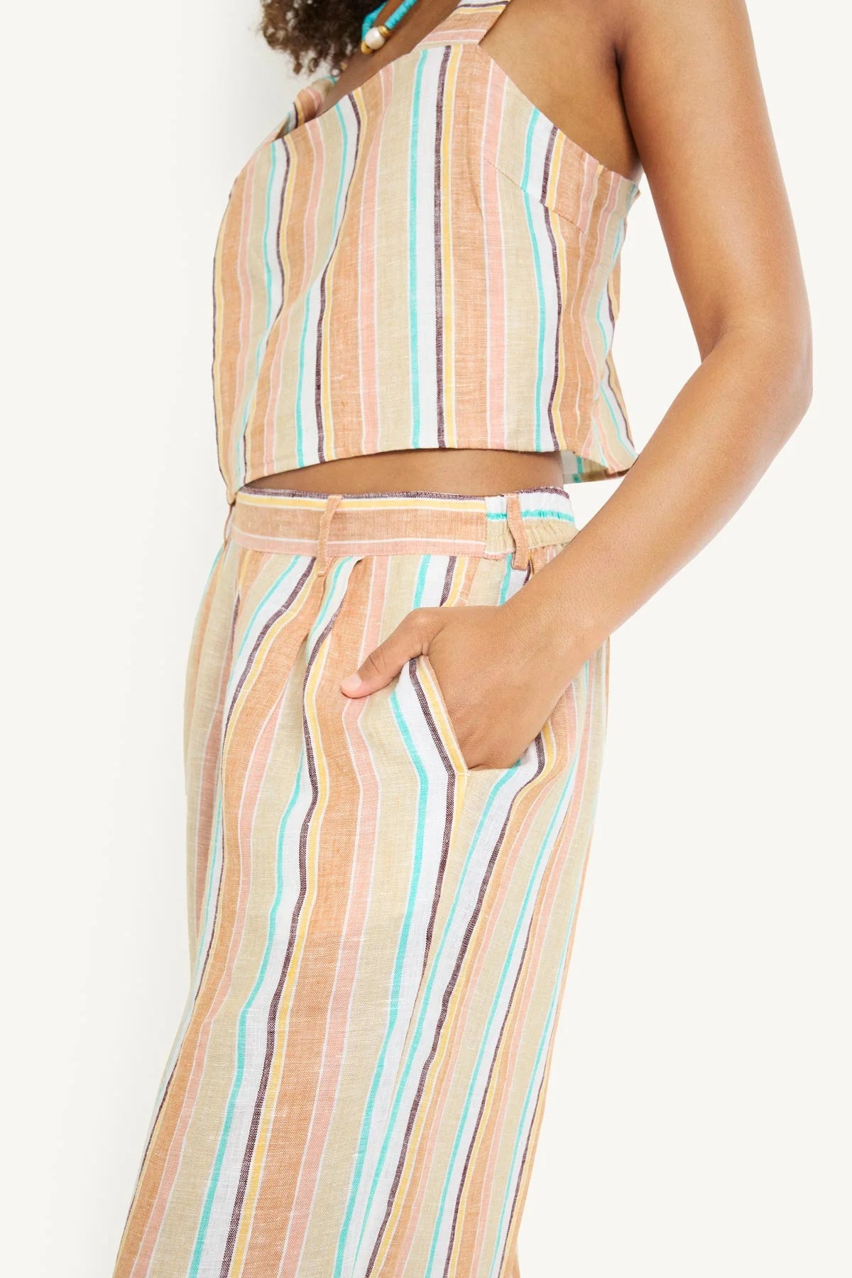 wide leg striped pant in beige, blue and white