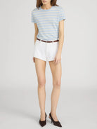 blue, cream and yellow stripe t-shirt
