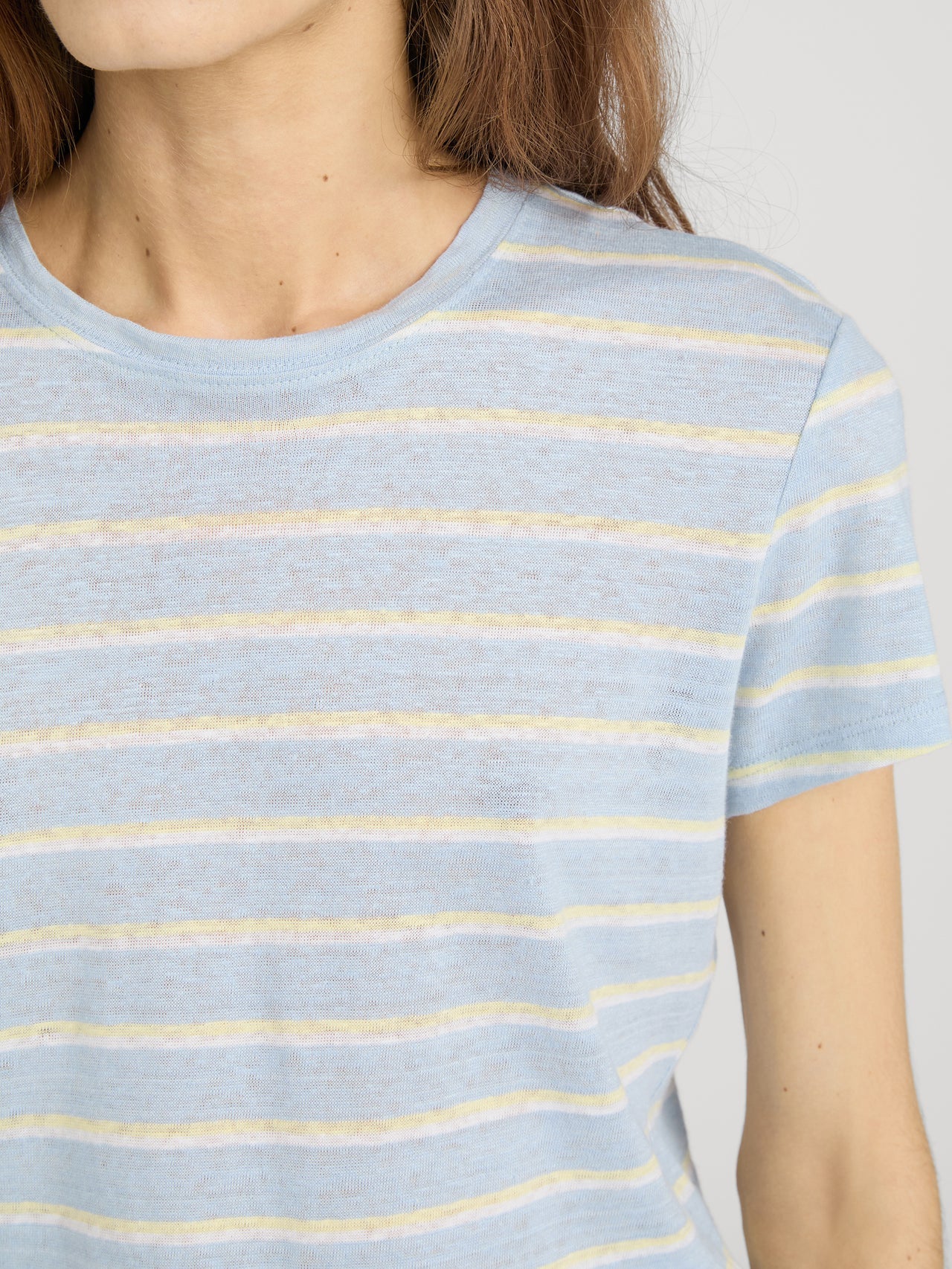 blue, cream and yellow stripe t-shirt