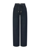 wide leg dark denim with a denim drawstring waist