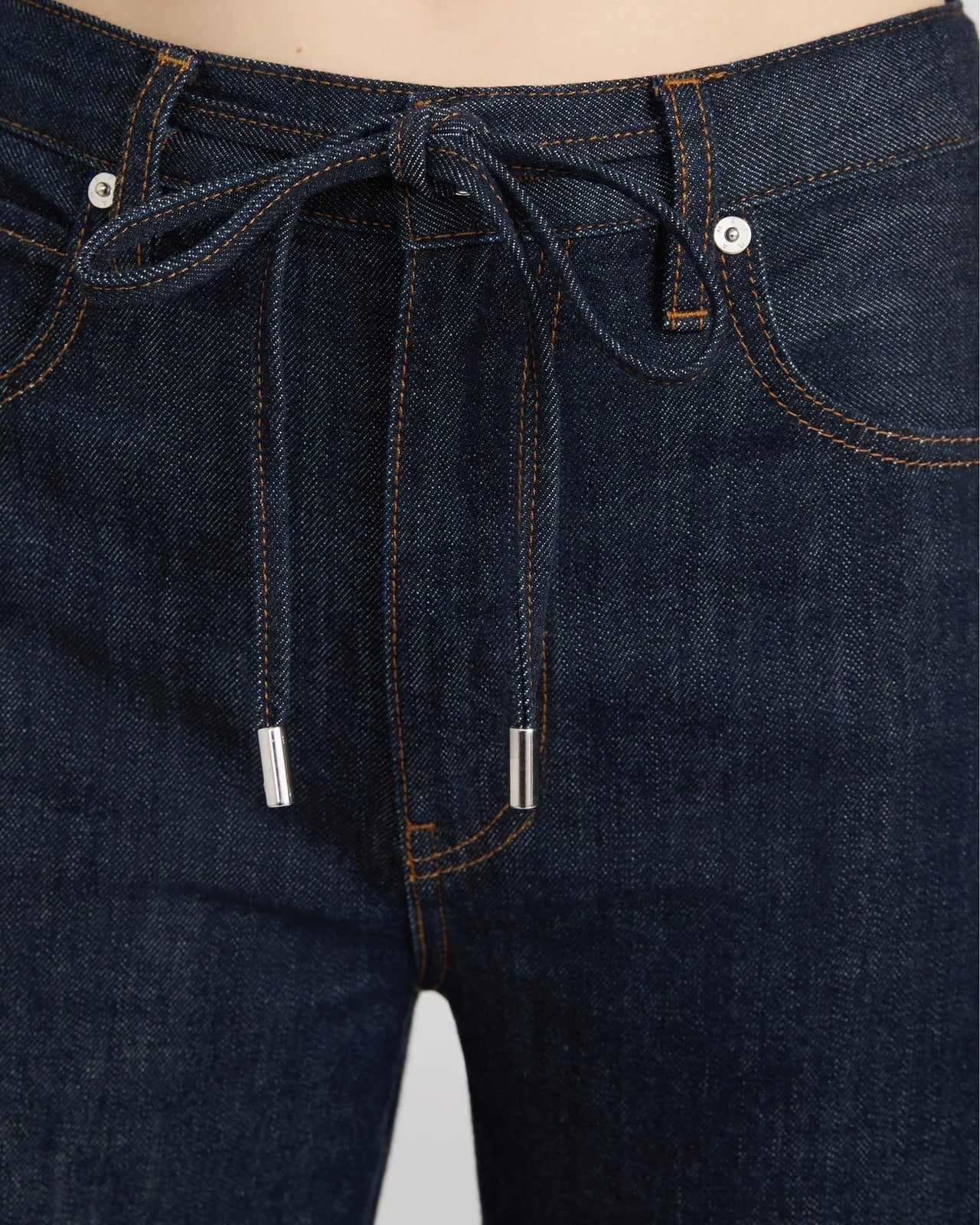 wide leg dark denim with a denim drawstring waist