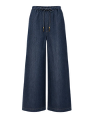 wide leg pull on denim pants with a drawstring