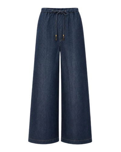 wide leg pull on denim pants with a drawstring