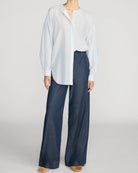 wide leg pull on denim pants with a drawstring