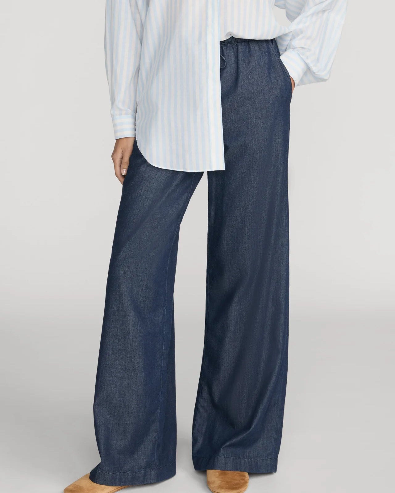 wide leg pull on denim pants with a drawstring