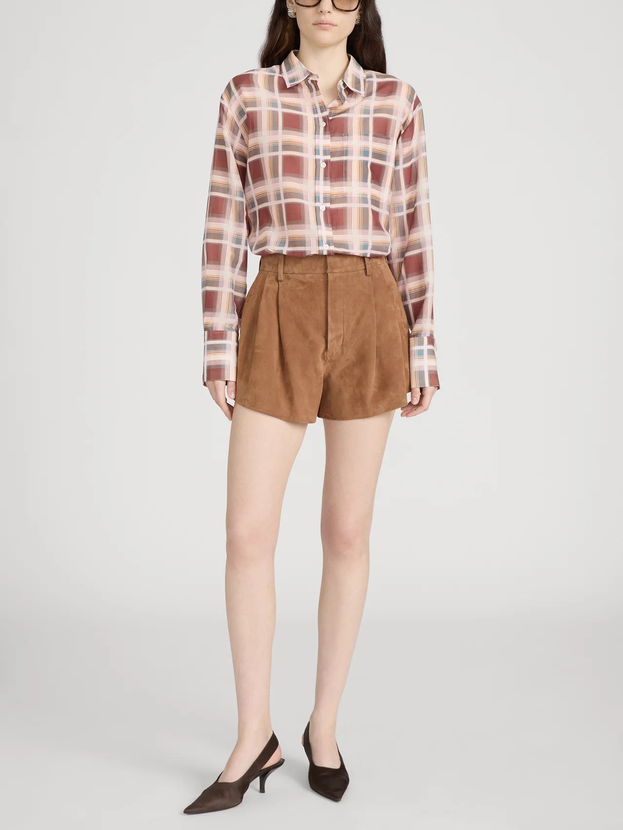 button down paid shirt in burgundy and cream