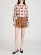 button down paid shirt in burgundy and cream