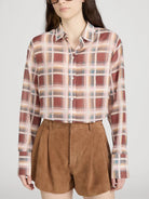 button down paid shirt in burgundy and cream