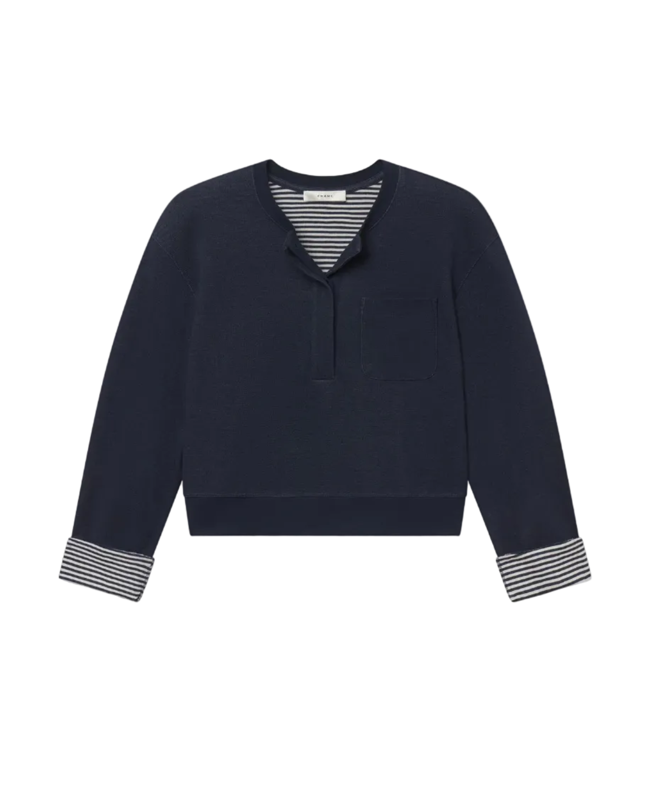 navy crop sweatshirt with stripe detail on inside 