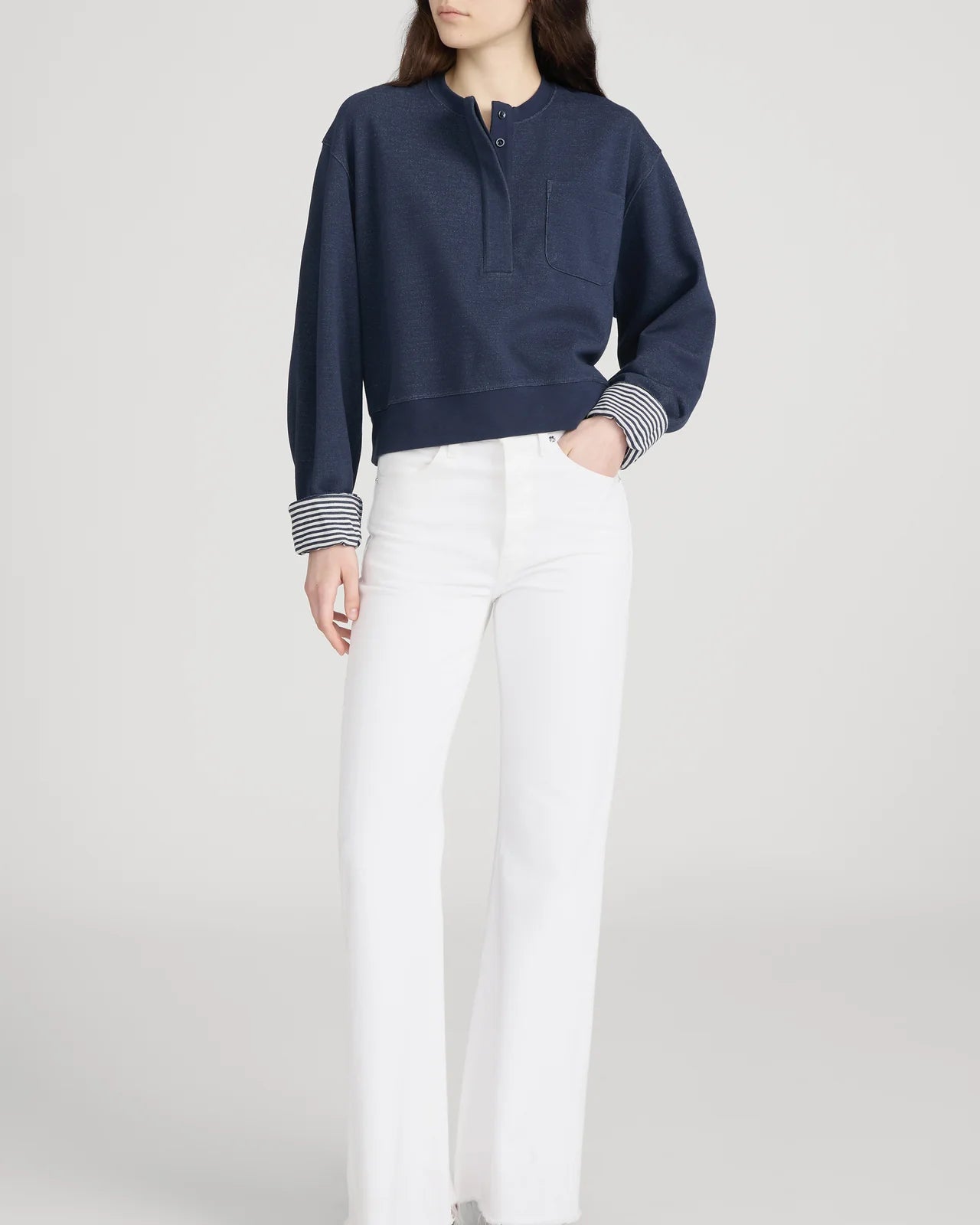 navy crop sweatshirt with stripe detail on inside 