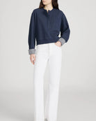 navy crop sweatshirt with stripe detail on inside 