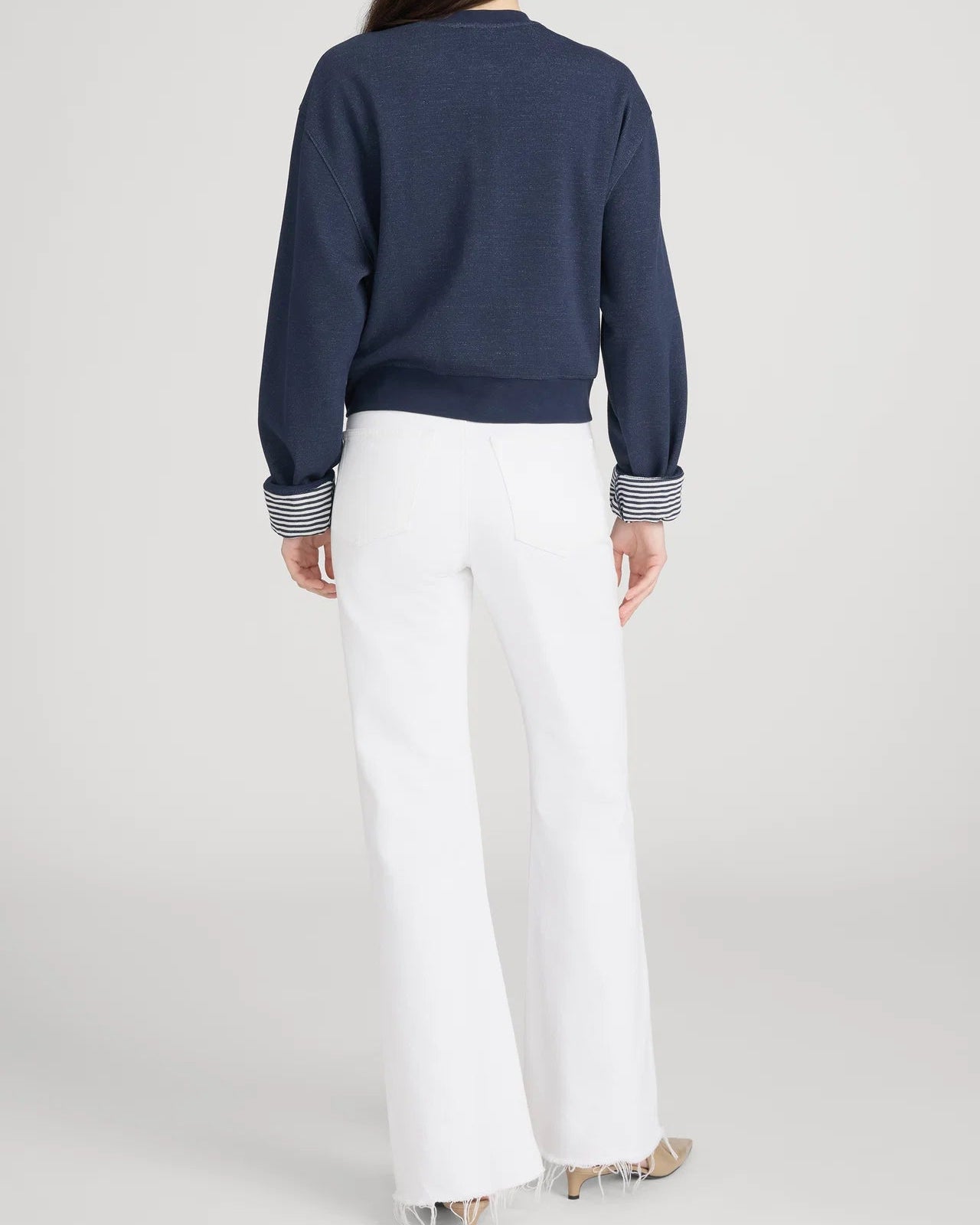 navy crop sweatshirt with stripe detail on inside 