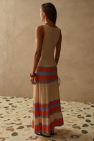 maxi knit dress in cream with orange and blue stripes 