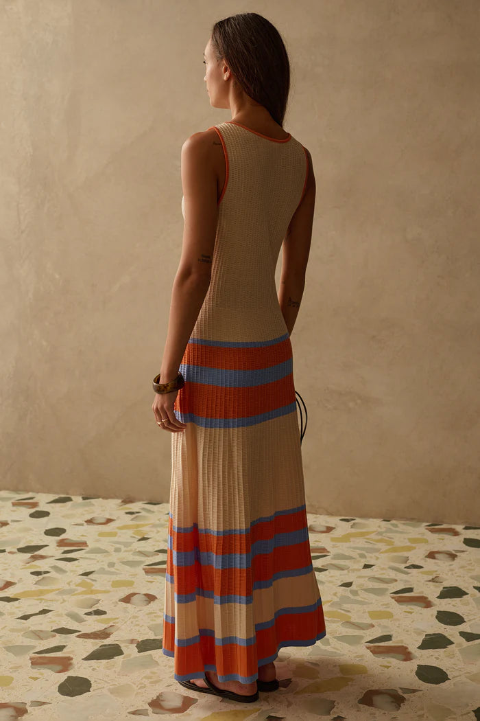 maxi knit dress in cream with orange and blue stripes 