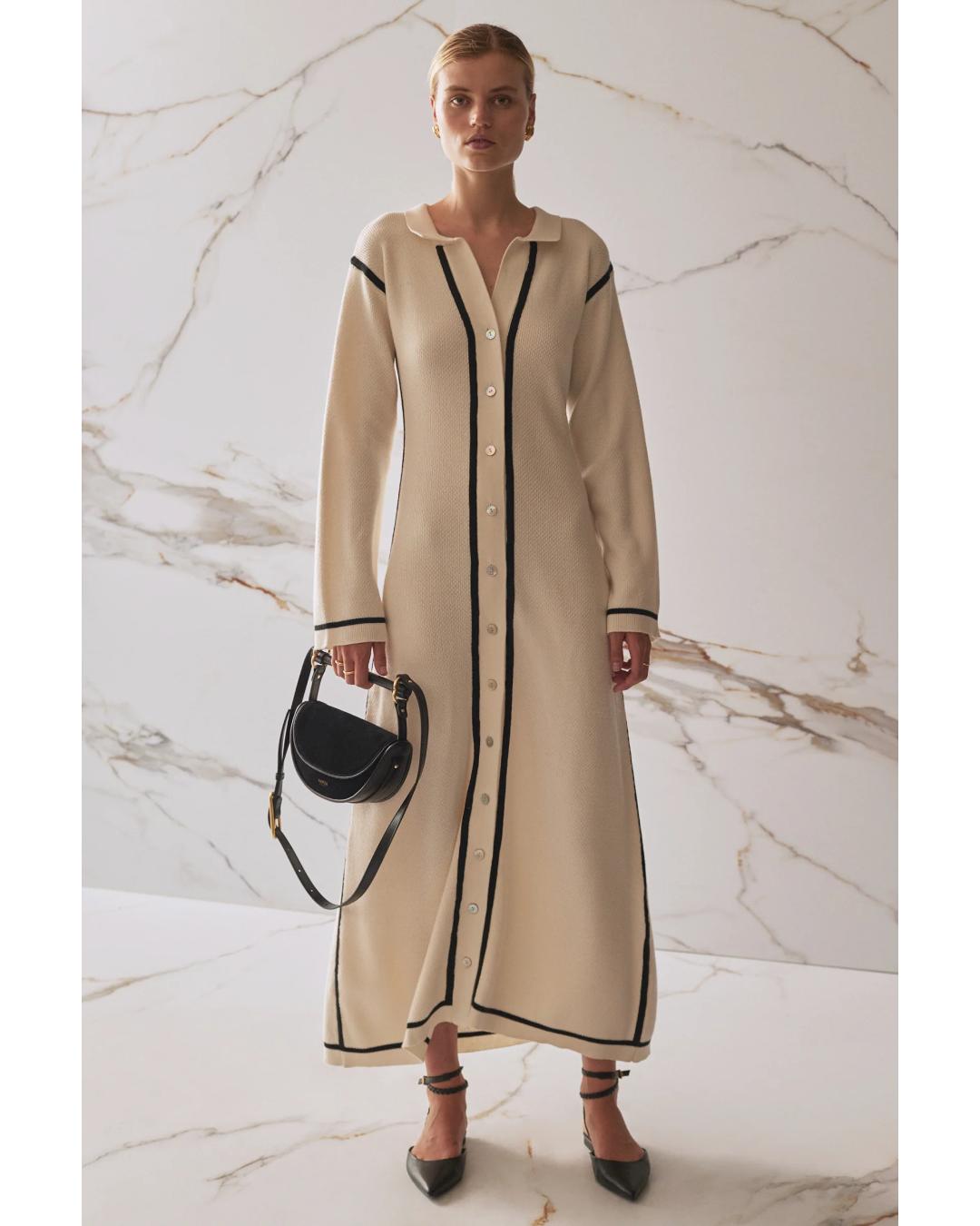 beige knit maxi dress with collar 