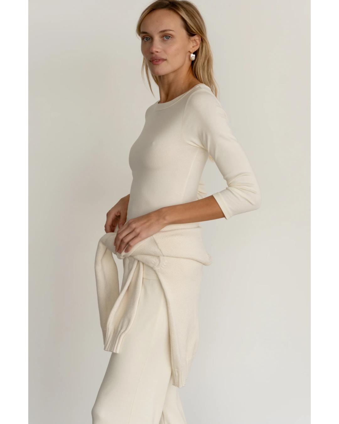 cream boatneck three quarter sleeve shrt