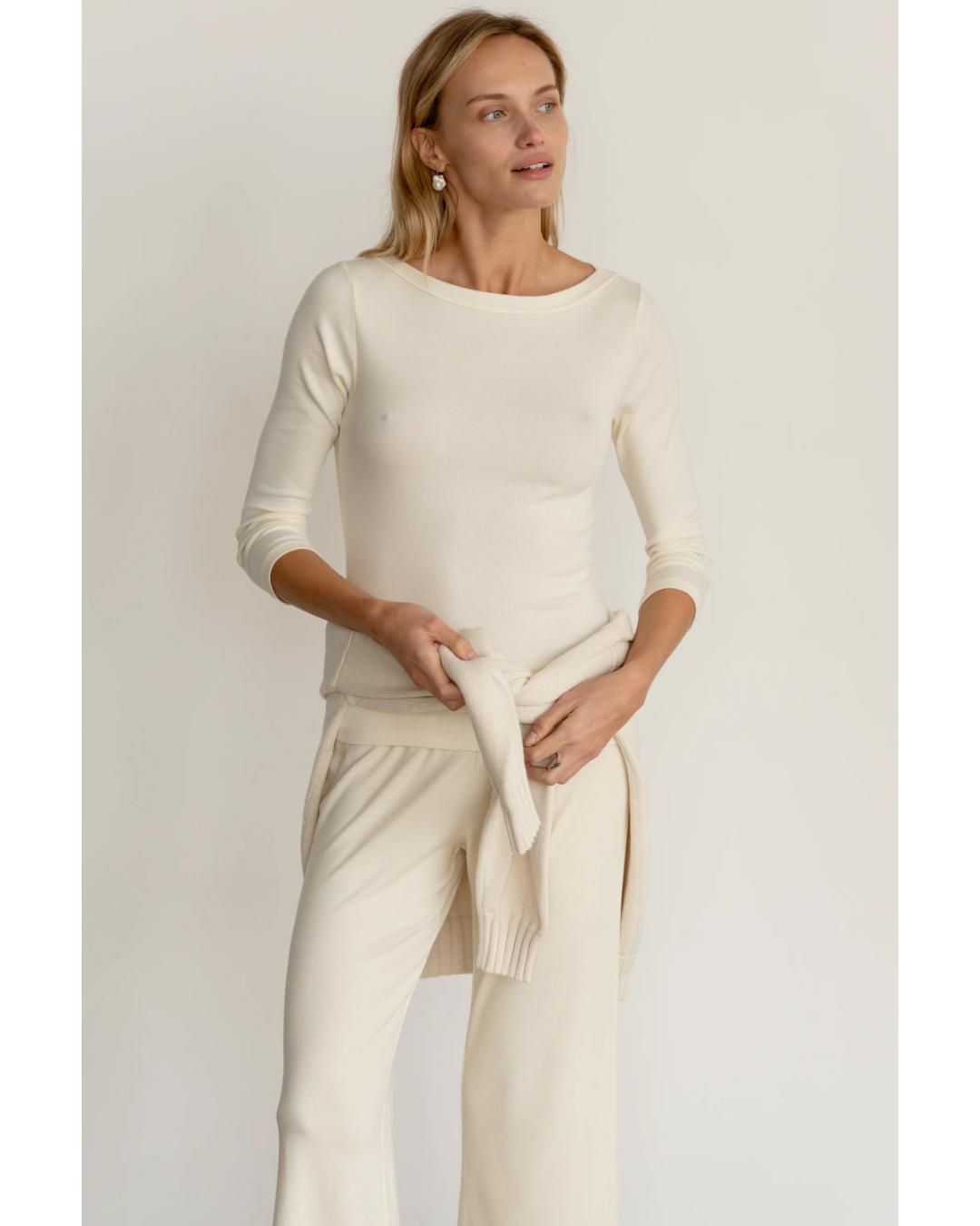 cream boatneck three quarter sleeve shrt