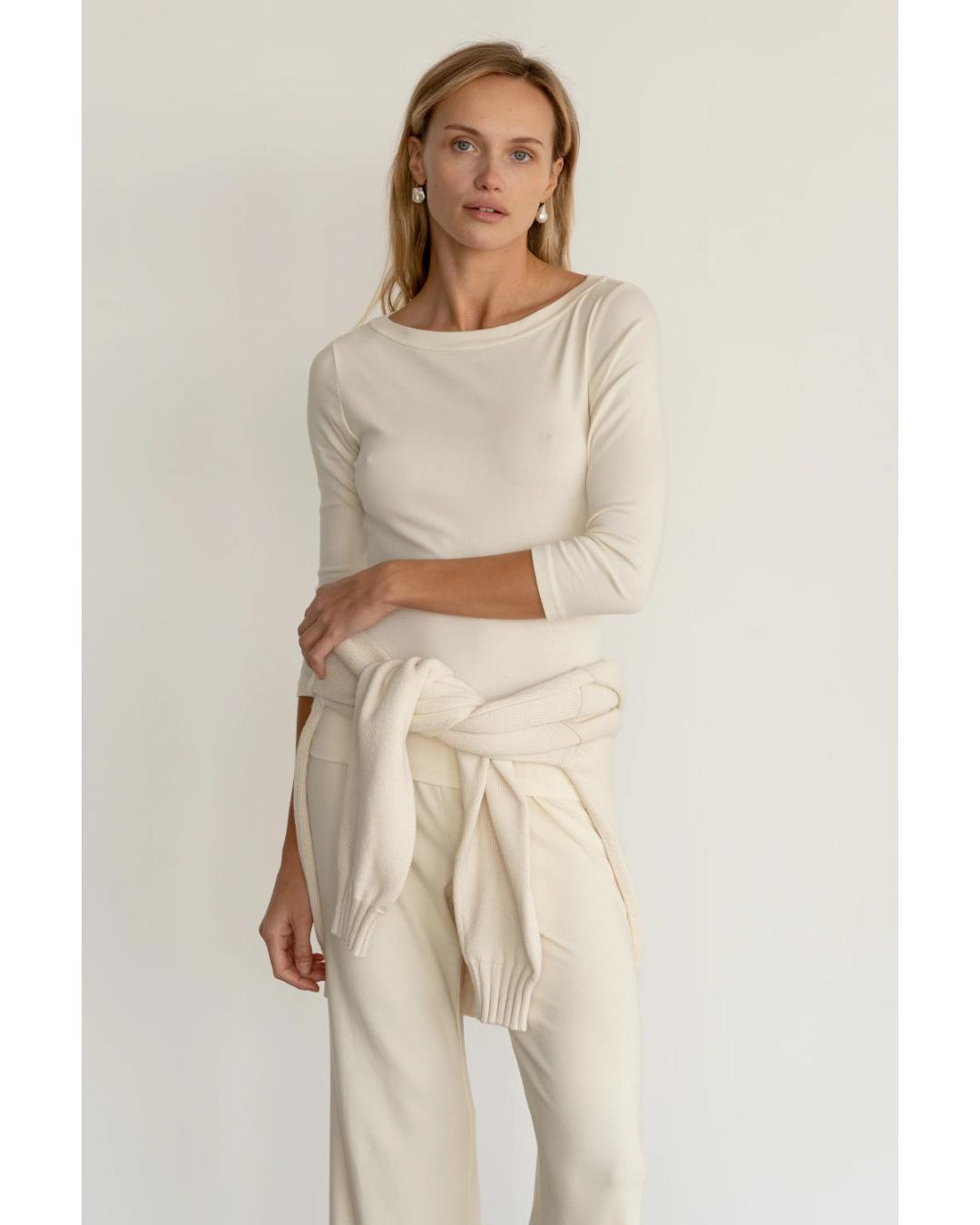 cream boatneck three quarter sleeve shrt