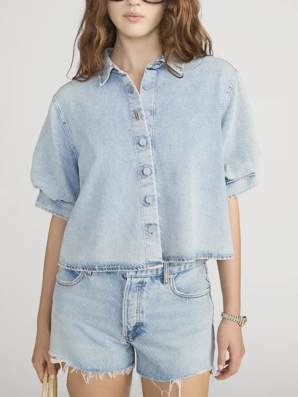 short sleeve denim shirt with a puff sleeve