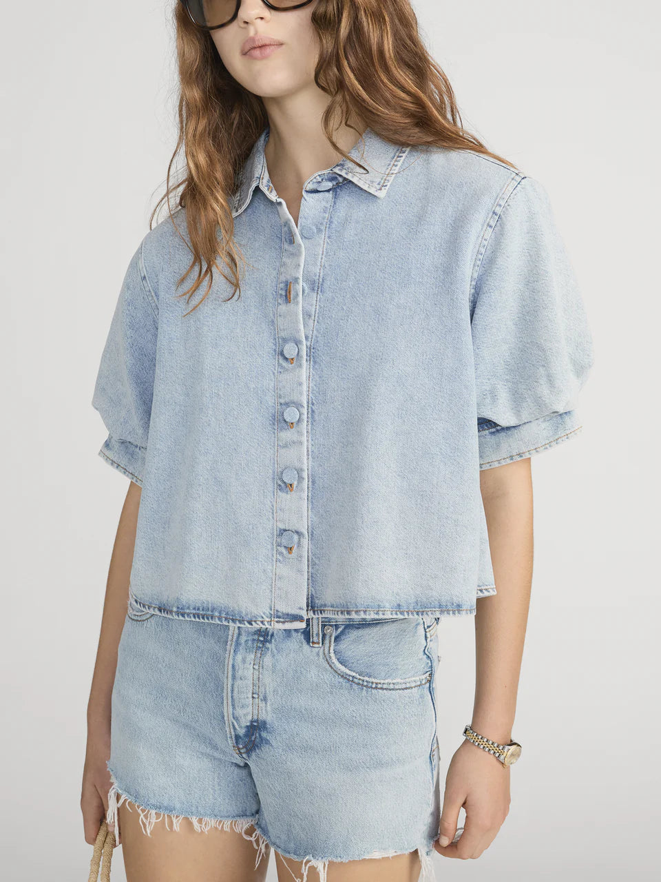 short sleeve denim shirt with a puff sleeve
