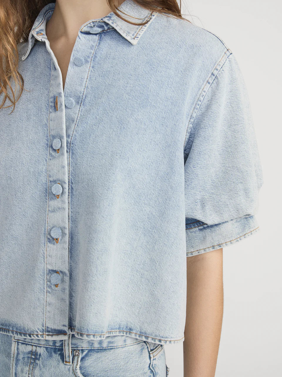 short sleeve denim shirt with a puff sleeve