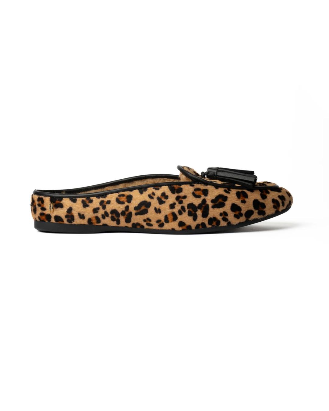 leopard print slipper shoe with black tassels
