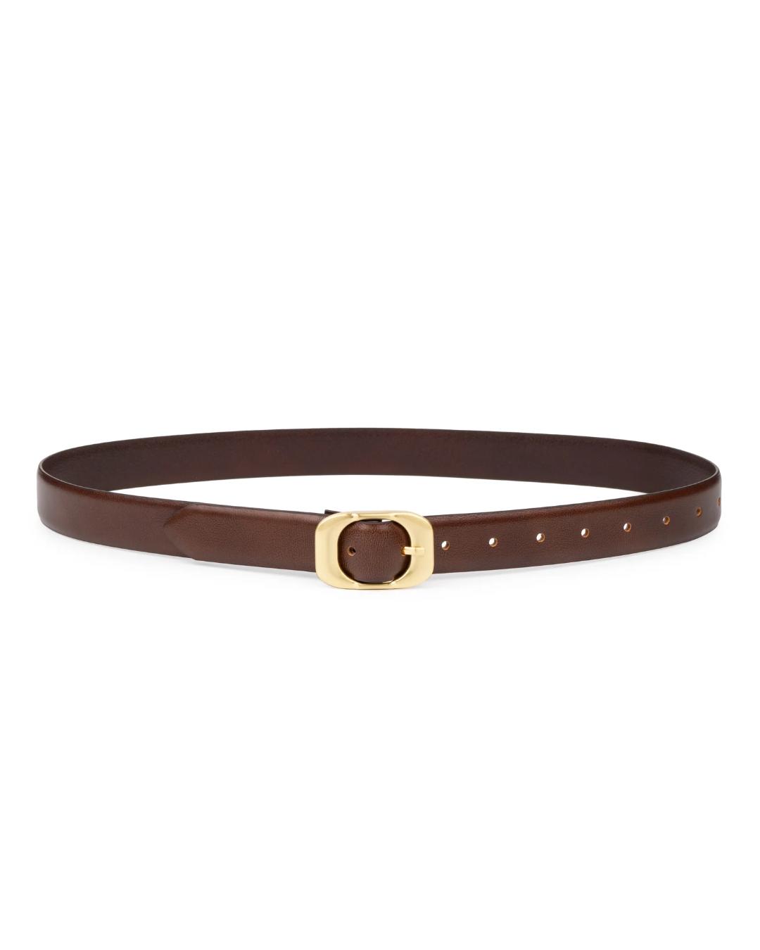 brown leather belt with round gold buckle