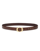 brown leather belt with round gold buckle