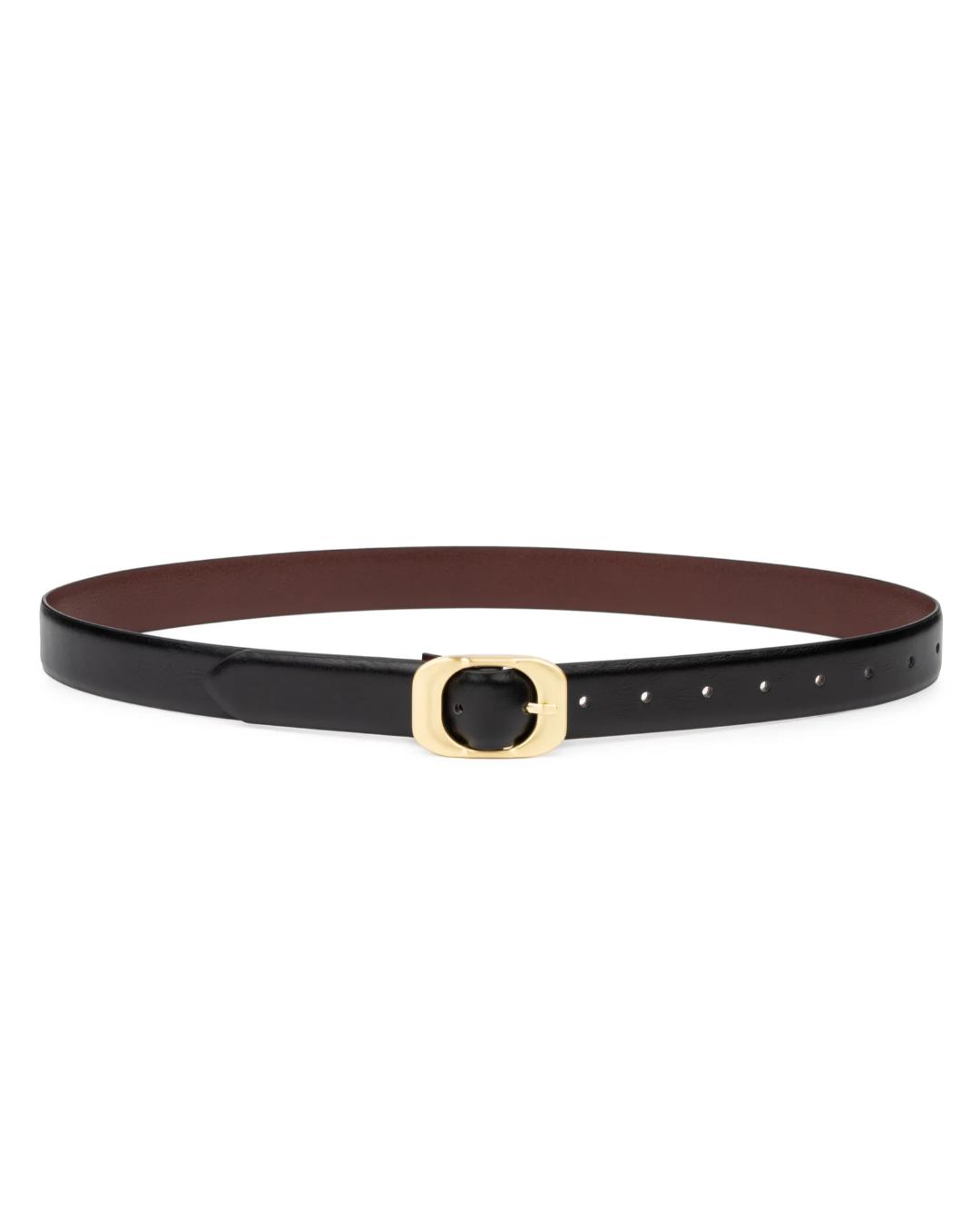 black leather belt with round gold buckle
