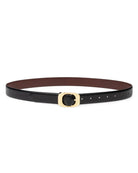 black leather belt with round gold buckle